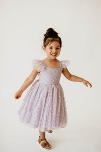 Girl’s Purple and Gold Polka Dot Tulle Flutter Sleeve Twirl Dress