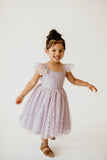 Girl’s Purple and Gold Polka Dot Tulle Flutter Sleeve Twirl Dress
