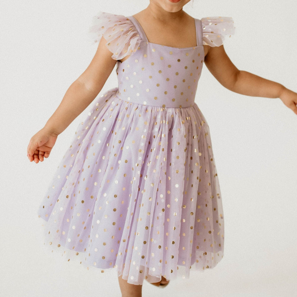 Girl’s Purple and Gold Polka Dot Tulle Flutter Sleeve Twirl Dress