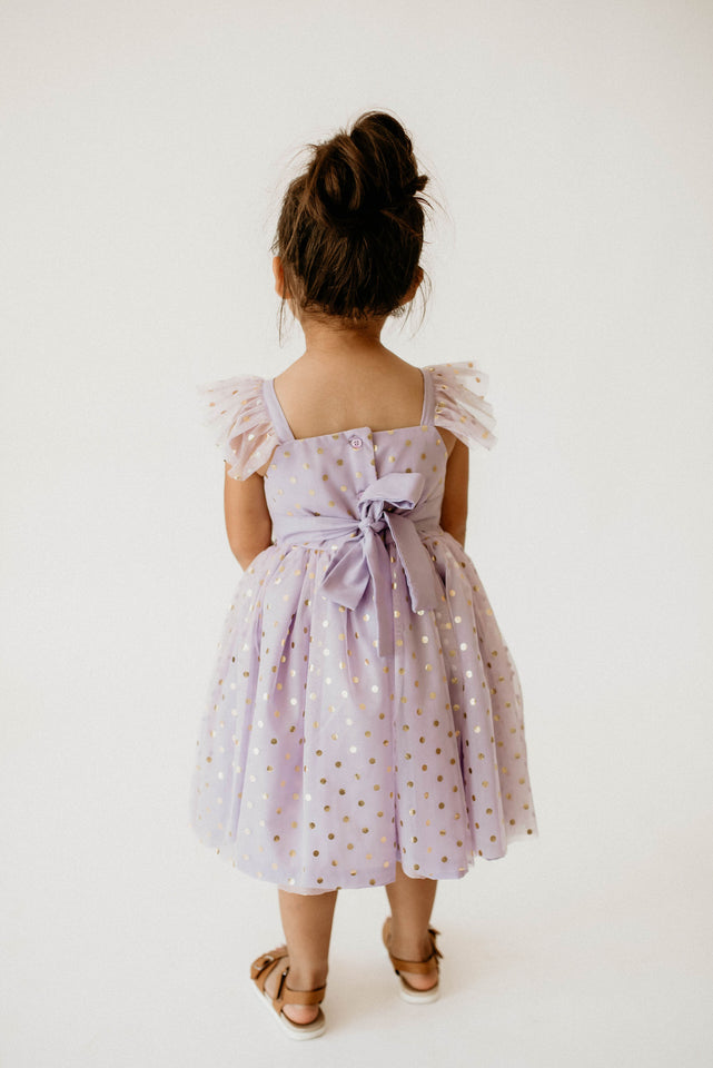 Girl’s Purple and Gold Polka Dot Tulle Flutter Sleeve Twirl Dress