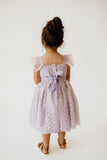 Girl’s Purple and Gold Polka Dot Tulle Flutter Sleeve Twirl Dress