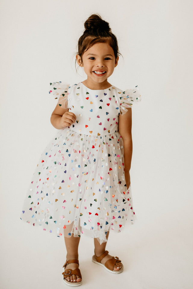 Girl's Rainbow Hearts White Tulle Confetti Party Dress – cuteheads