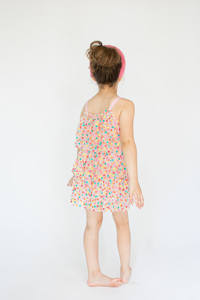 Girl's Three-Tiered Rainbow Confetti Tulle Dress with Pink Lining