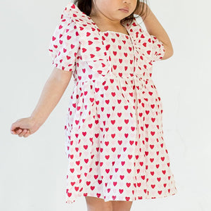 Girl's Pink and Red Hearts Cotton Puff Sleeve Dress with Puff Sleeves and Tiered Skirt