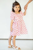 Girl's Pink and Red Hearts Cotton Puff Sleeve Dress with Puff Sleeves and Tiered Skirt