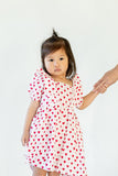 Girl's Pink and Red Hearts Cotton Puff Sleeve Dress with Puff Sleeves and Tiered Skirt