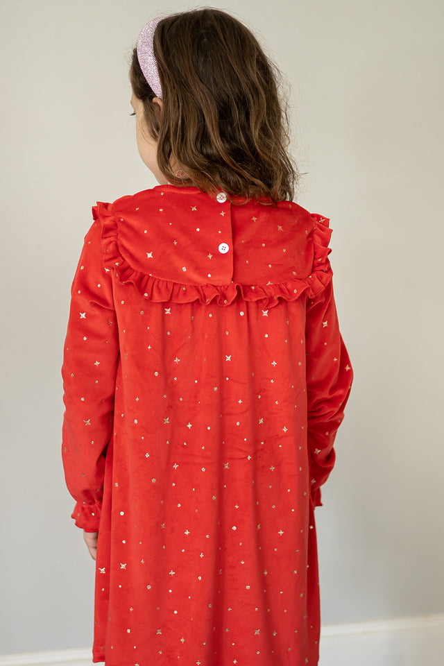 Girl's Red and Gold Stretch Velvet Ruffle Bib Shift Dress