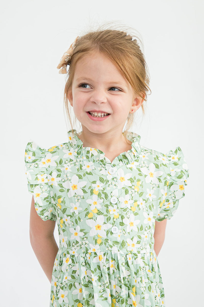 Girl’s Light Green and Yellow Floral Ruffle Button-Down Dress – cuteheads
