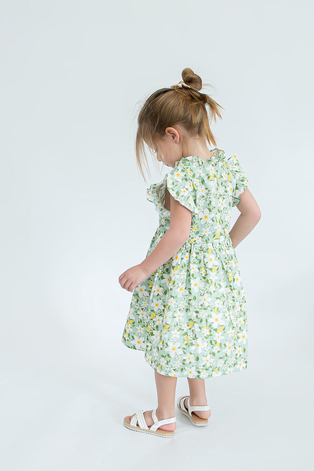 little girls green yellow and white floral ruffle flutter sleeve dress
