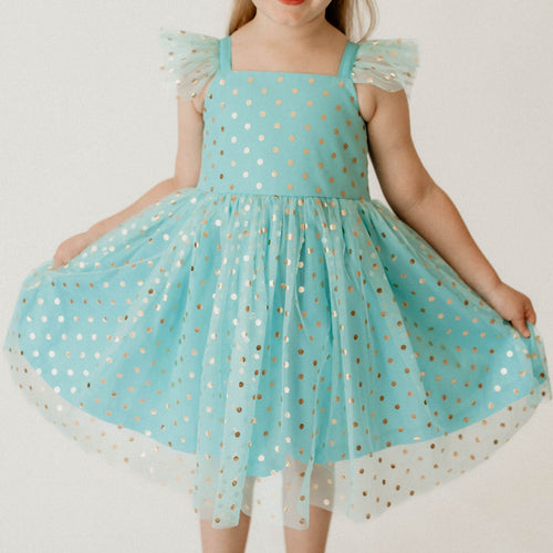 Girl’s Turquoise and Gold Polka Dot Tulle Flutter Sleeve Twirl Dress