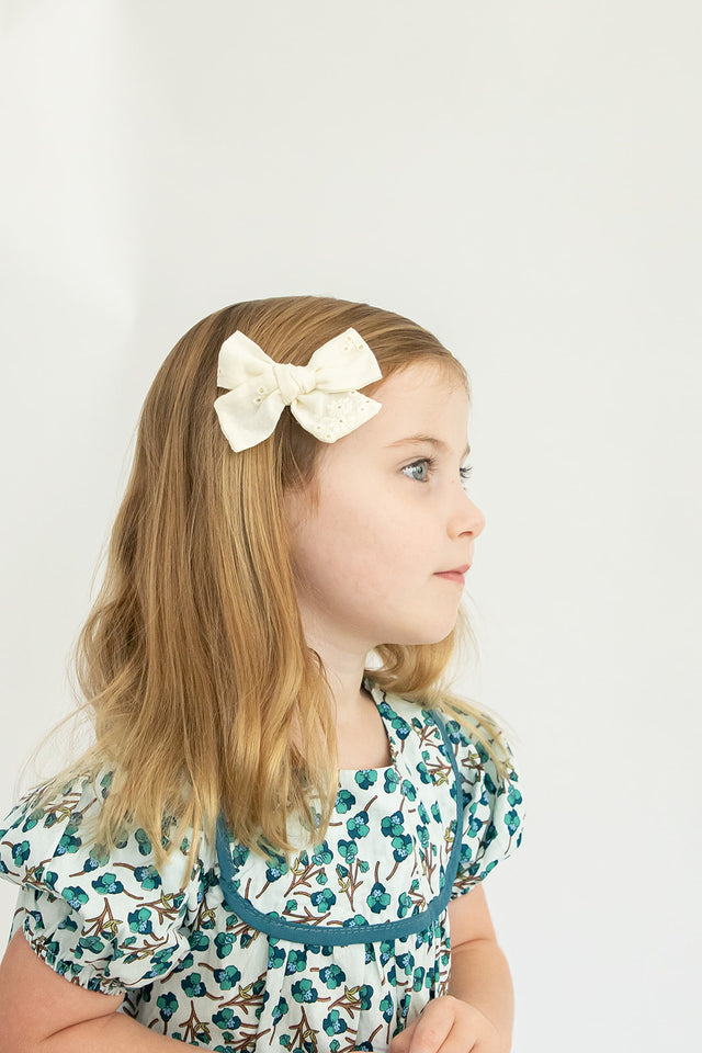 Girl’s Light Turquoise Puff Sleeve Floral Dress with Piping