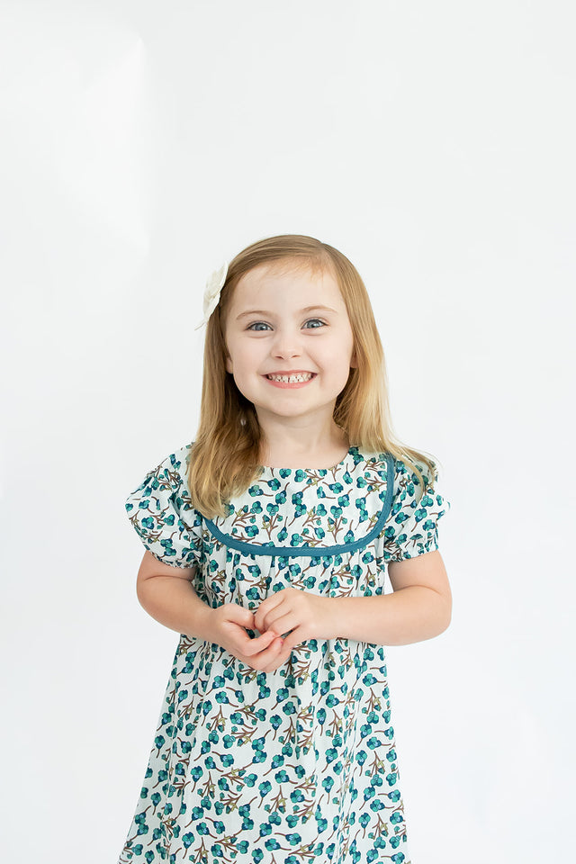 Girl’s Light Turquoise Puff Sleeve Floral Dress with Piping