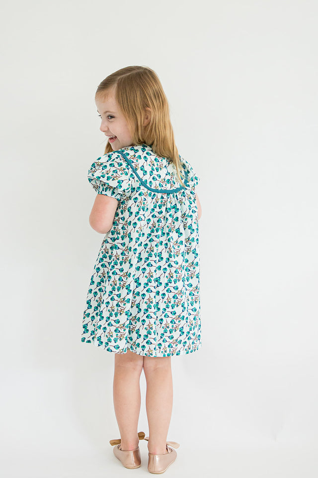 Girl’s Light Turquoise Puff Sleeve Floral Dress with Piping