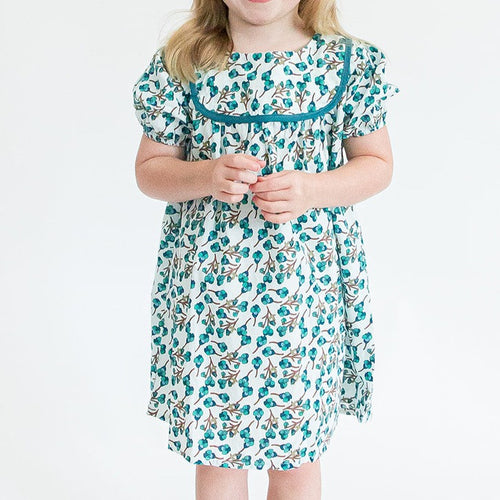 Girl’s Light Turquoise Puff Sleeve Floral Dress with Piping