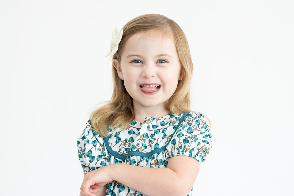 Girl’s Light Turquoise Puff Sleeve Floral Dress with Piping