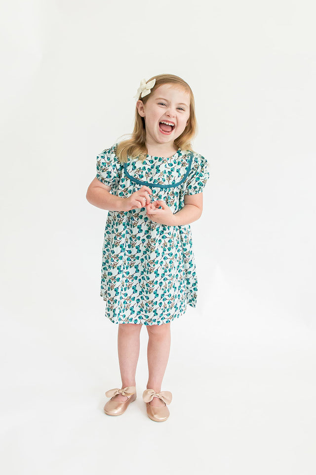 Girl’s Light Turquoise Puff Sleeve Floral Dress with Piping
