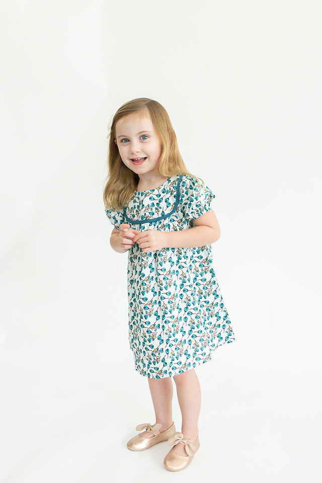 Girl’s Light Turquoise Puff Sleeve Floral Dress with Piping