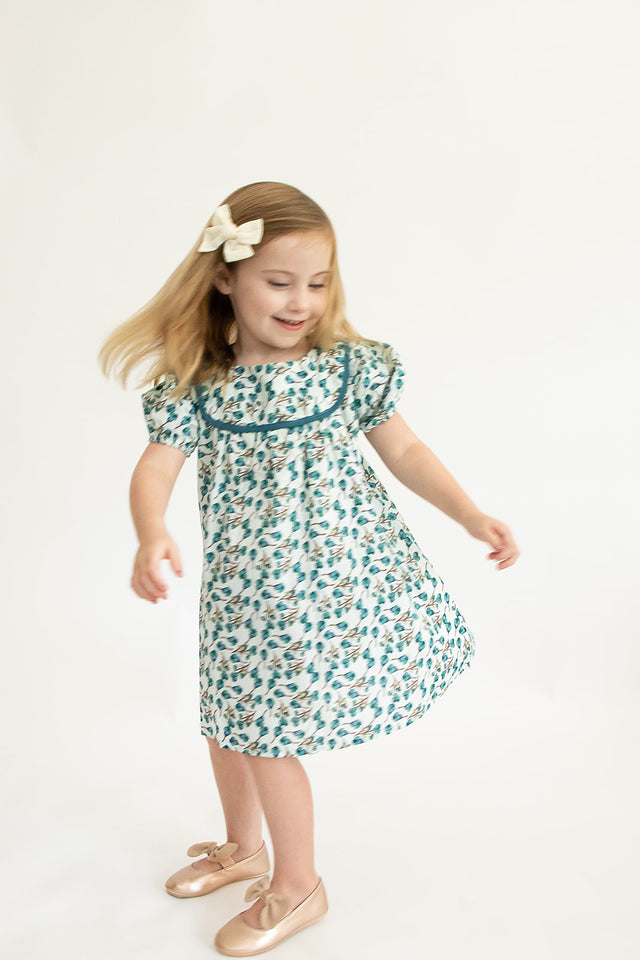 Girl’s Light Turquoise Puff Sleeve Floral Dress with Piping
