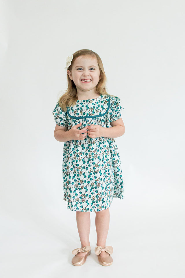 Girl’s Light Turquoise Puff Sleeve Floral Dress with Piping
