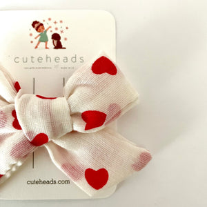 Red and White Heart Gauze Bow with Alligator Clips