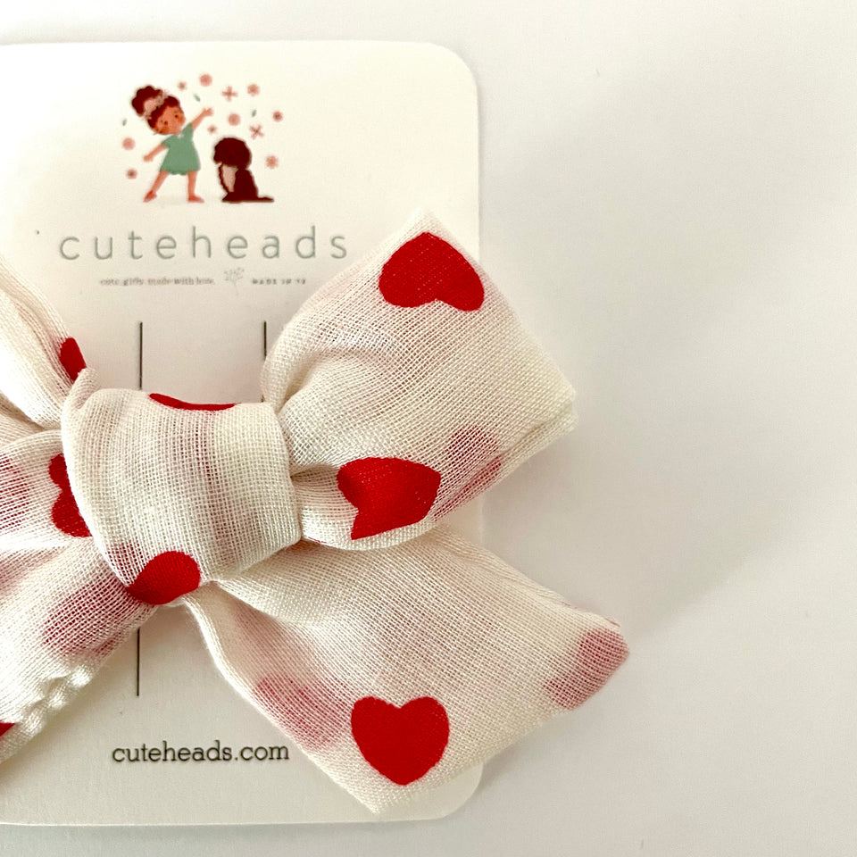 Red and White Heart Gauze Bow with Alligator Clips