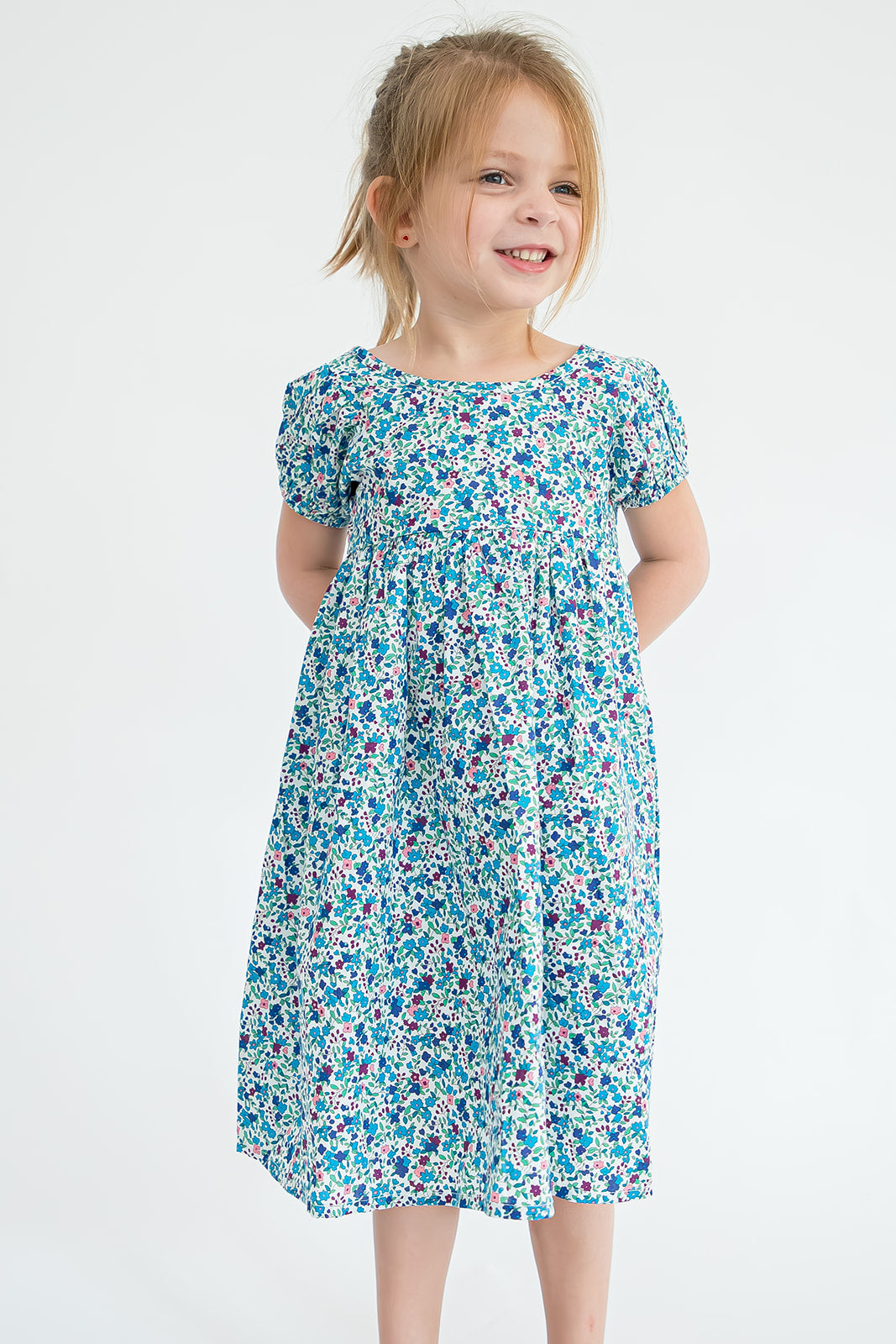 Girl’s Blue Ditsy Floral Puff Sleeve Dress with Cut Out – cuteheads