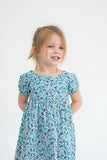 Girl’s Blue Ditsy Floral Puff Sleeve Dress with Cut Out