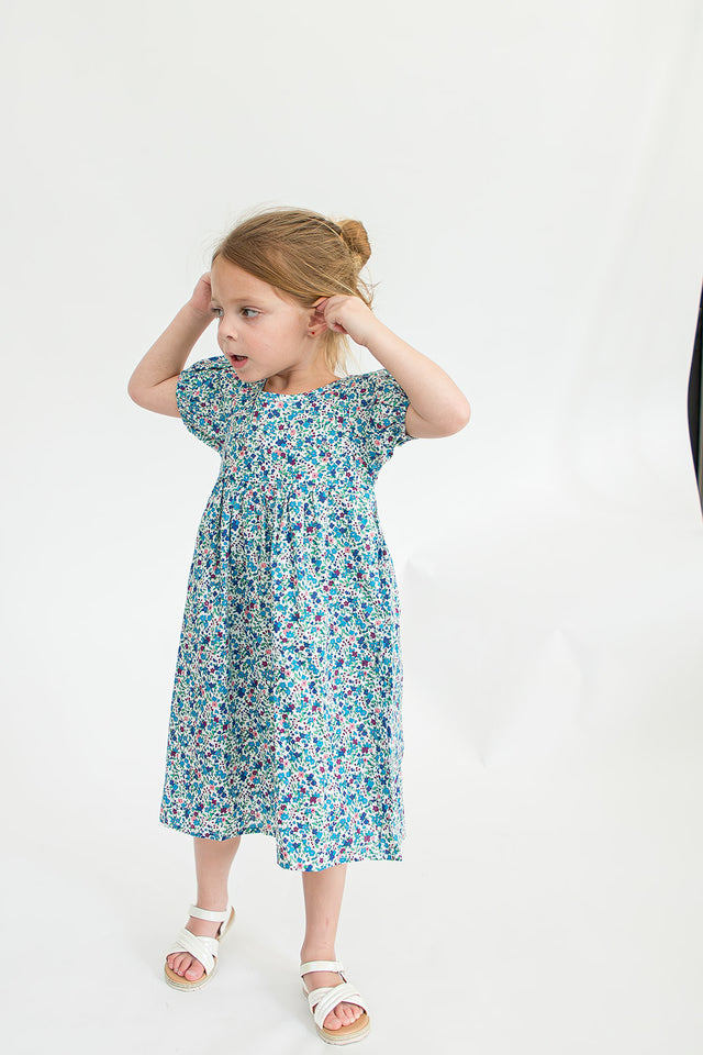 Girl’s Blue Ditsy Floral Puff Sleeve Dress with Cut Out