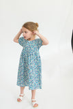 Girl’s Blue Ditsy Floral Puff Sleeve Dress with Cut Out