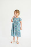 Girl’s Blue Ditsy Floral Puff Sleeve Dress with Cut Out