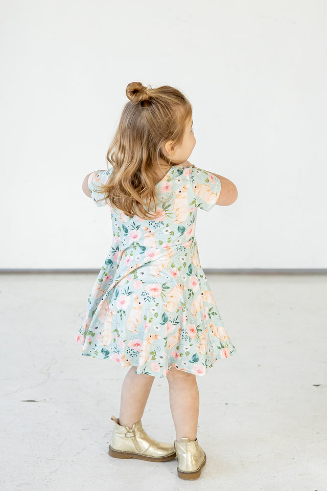 Girl's Pale Blue Cotton Jersey Easter Bunny Print Skater Dress