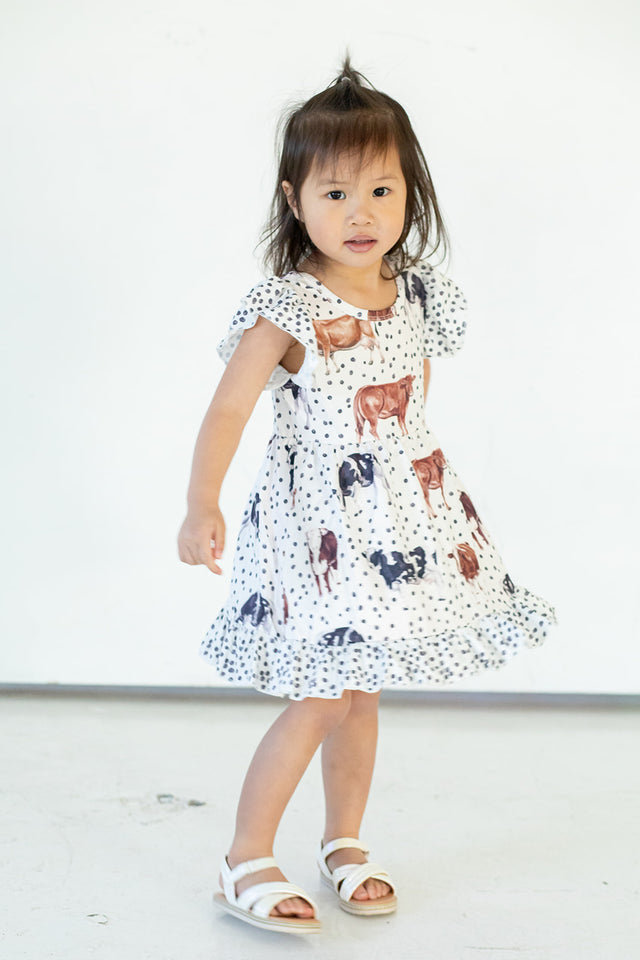Girl's Black and White Cow Print Cotton Jersey Country Rodeo Dress
