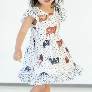 Girl's Black and White Cow Print Cotton Jersey Country Rodeo Dress