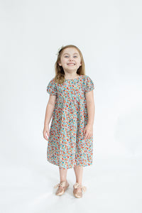 Girl’s Red Ditsy Floral Puff Sleeve Dress with Cut Out