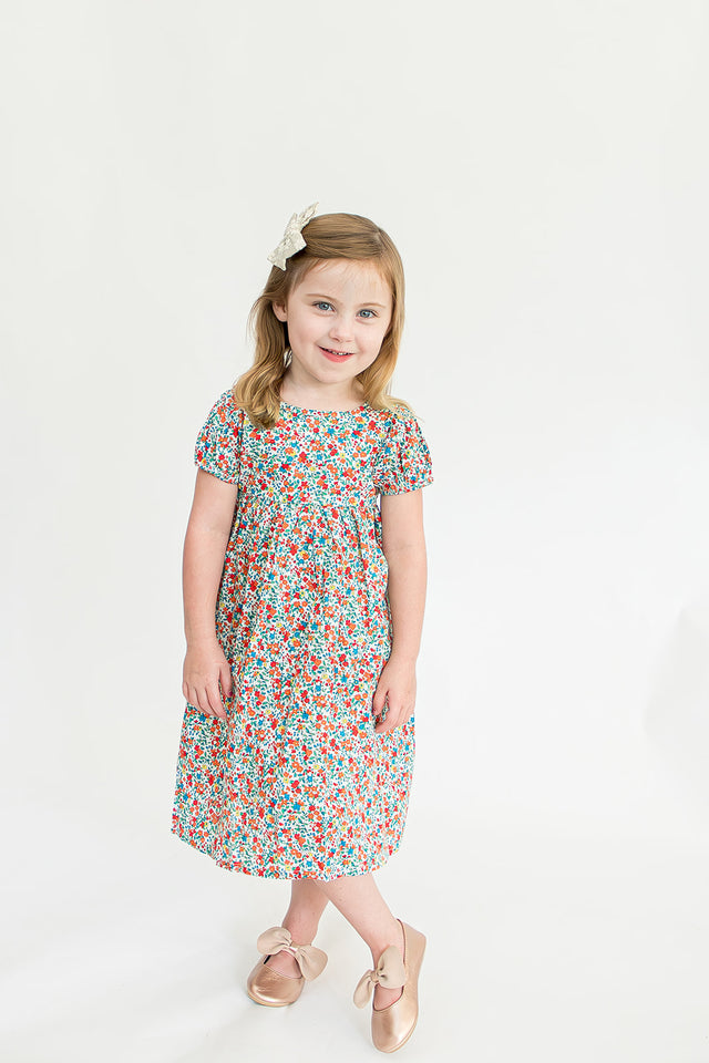 Girl’s Red Ditsy Floral Puff Sleeve Dress with Cut Out