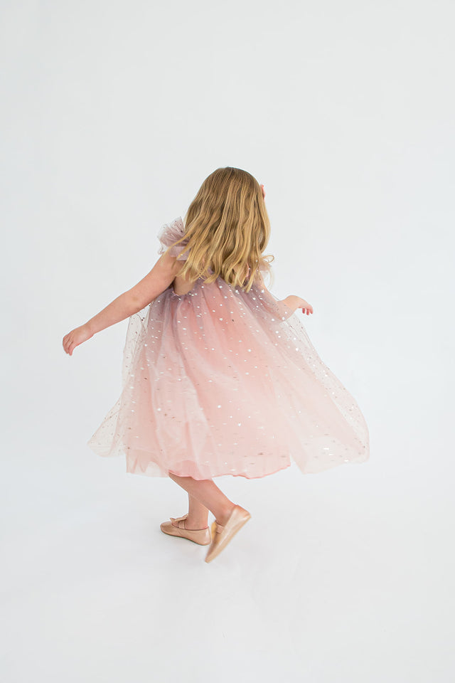 Girl's Pink and Navy Ombre Sparkly Star Tulle Flutter Sleeve Dress
