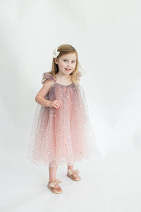 Girl's Pink and Navy Ombre Sparkly Star Tulle Flutter Sleeve Dress