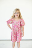 littile girls pink ditsy floral puff sleeve dress