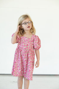 littile girls pink ditsy floral puff sleeve dress