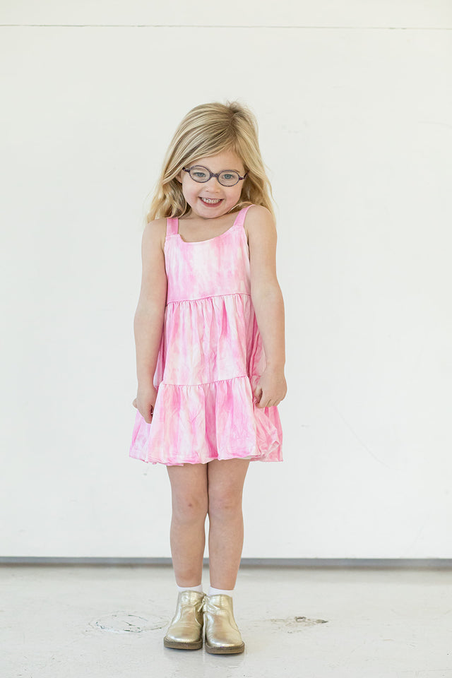 Girl's Pink Tie Dye Jersey Twirl Dress with Tiered Skirt