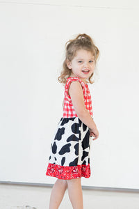 Girl's Red Black and White Paisley and Plaid Cotton Jersey Rodeo Cowgirl Dress