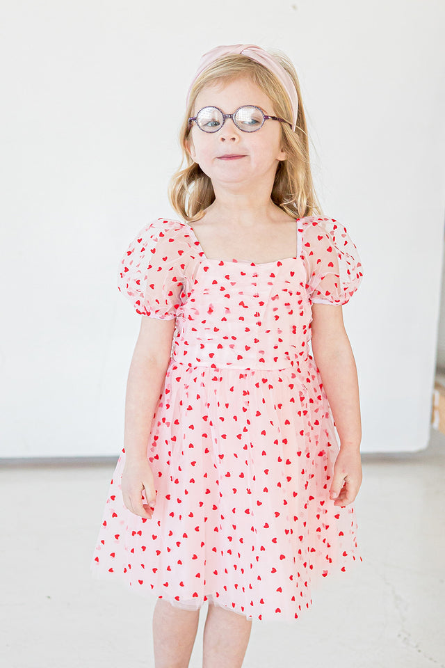 Girl's Pink Tulle and Red Hearts Puff Sleeve Dress with Ruched Chest Detail