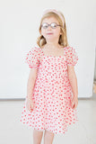 Girl's Pink Tulle and Red Hearts Puff Sleeve Dress with Ruched Chest Detail