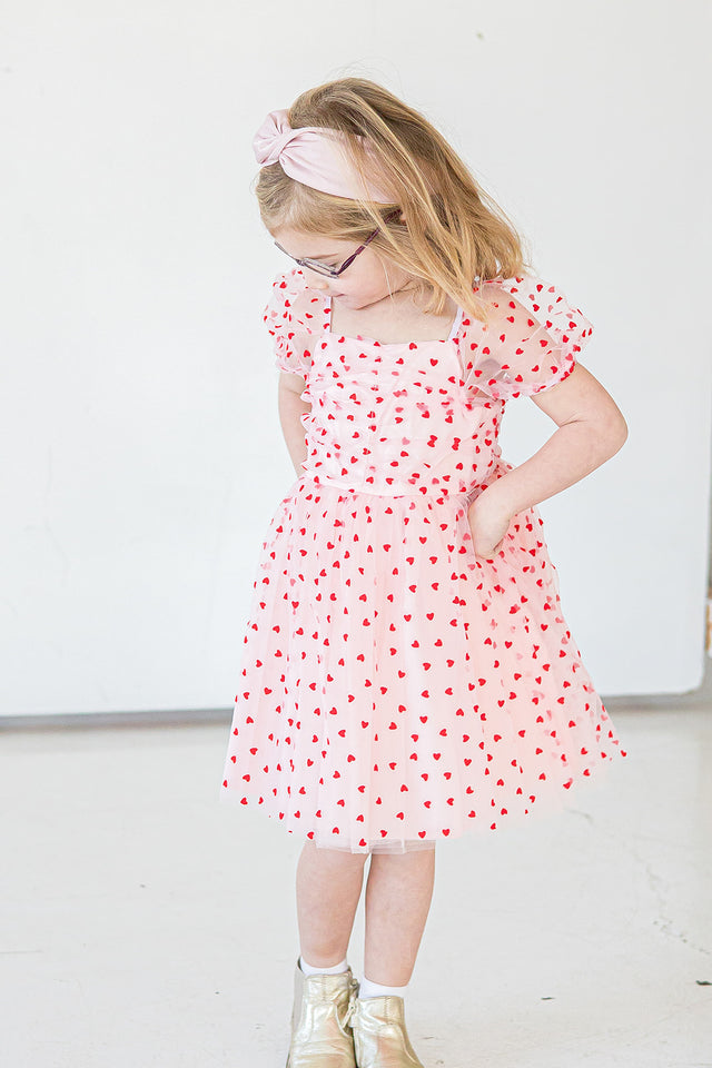 Girl's Pink Tulle and Red Hearts Puff Sleeve Dress with Ruched Chest Detail