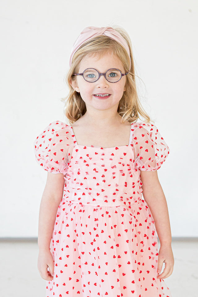 Girl's Pink Tulle and Red Hearts Puff Sleeve Dress with Ruched Chest Detail