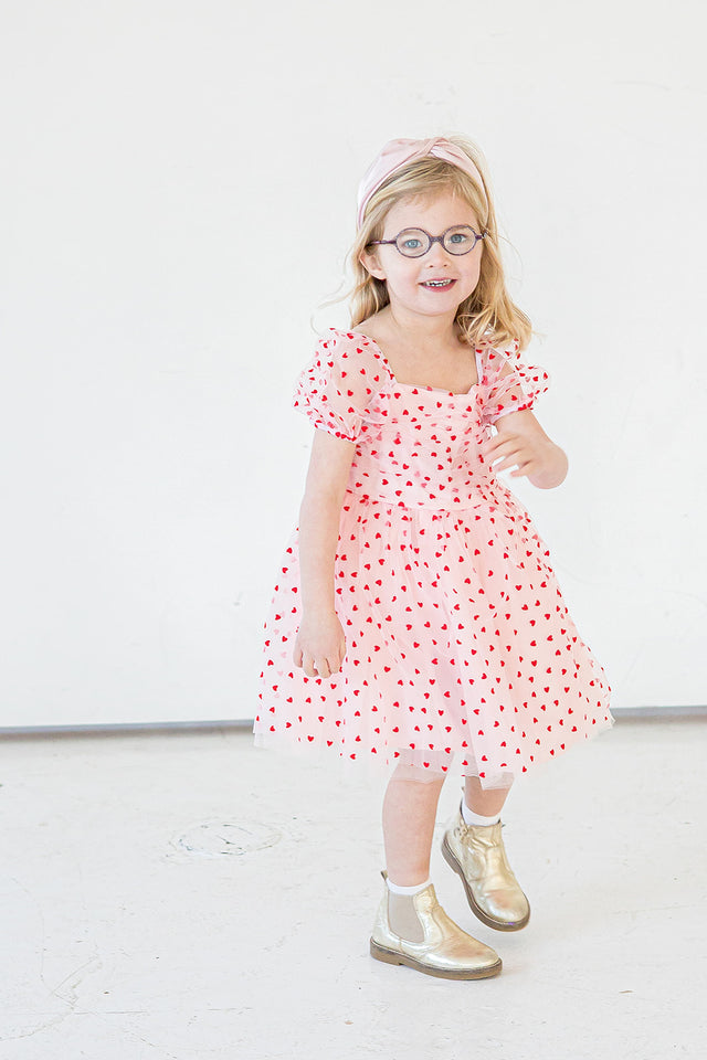 Girl's Pink Tulle and Red Hearts Puff Sleeve Dress with Ruched Chest Detail