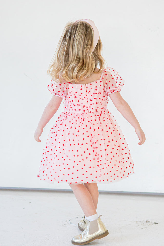 Girl's Pink Tulle and Red Hearts Puff Sleeve Dress with Ruched Chest Detail