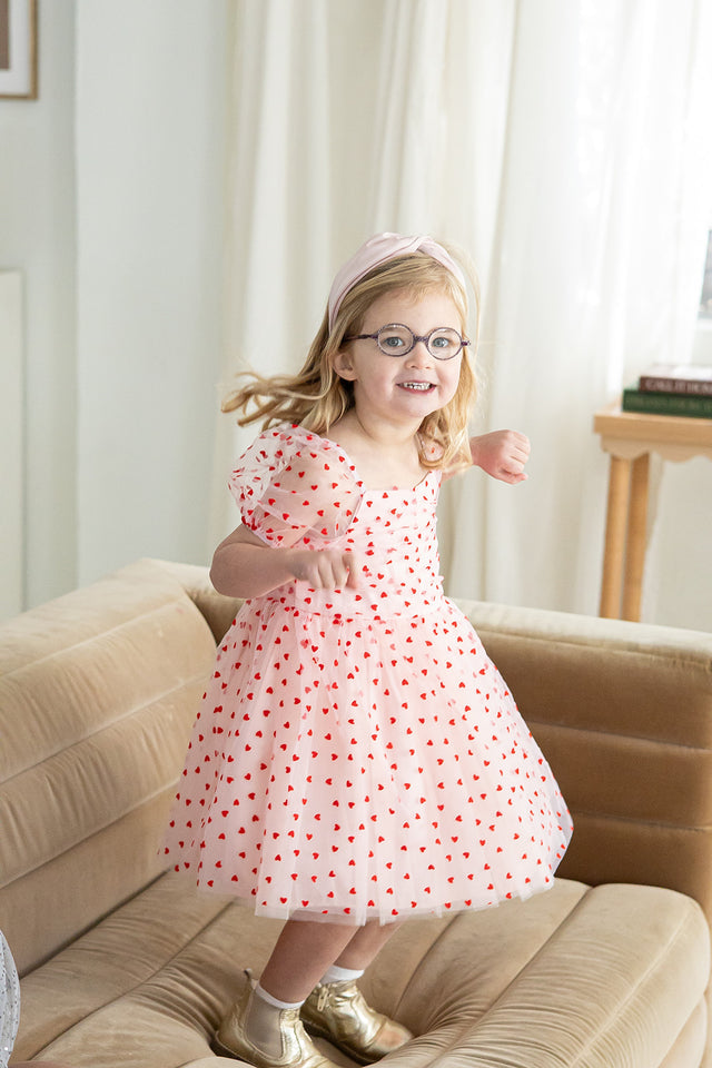 Girl's Pink Tulle and Red Hearts Puff Sleeve Dress with Ruched Chest Detail