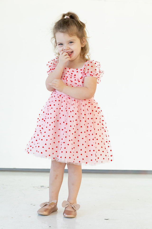 Girl's Pink Tulle and Red Hearts Puff Sleeve Dress with Ruched Chest Detail