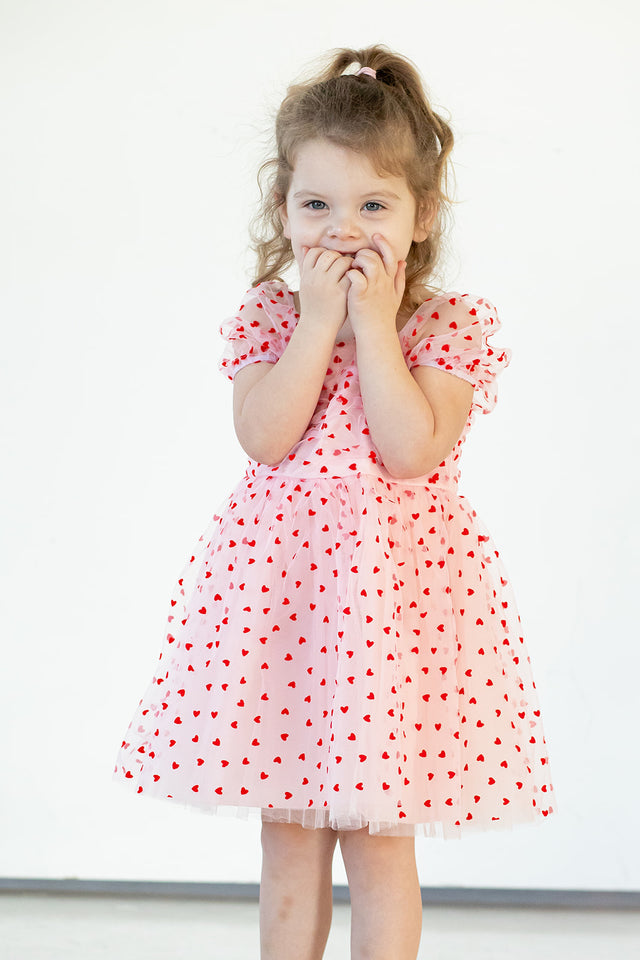 Girl's Pink Tulle and Red Hearts Puff Sleeve Dress with Ruched Chest Detail
